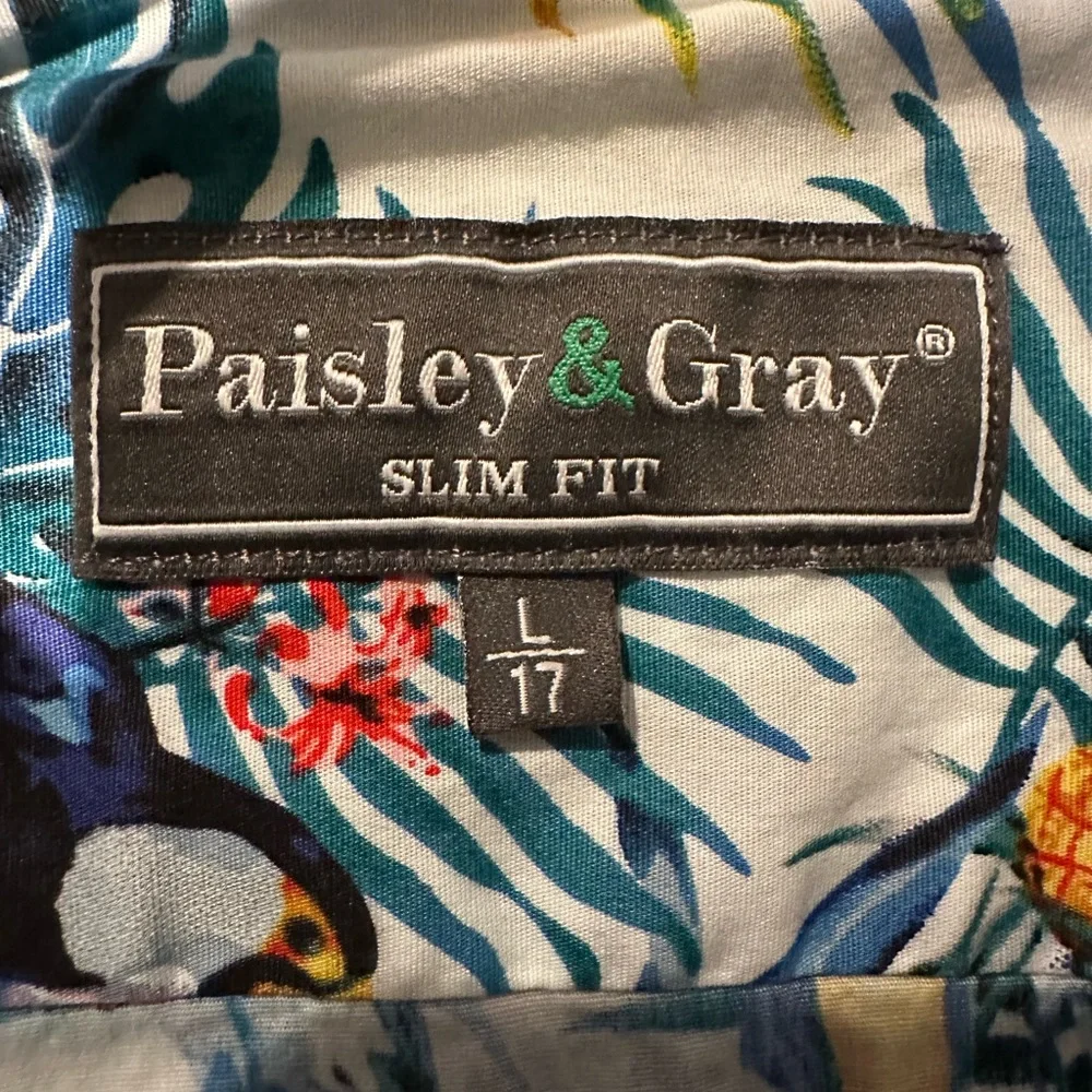 PAISLEY & GRAY MENS SHIRT BUTTON TROPICAL‎ PARROTS SLIM FIT LONG SLEEVE L 17